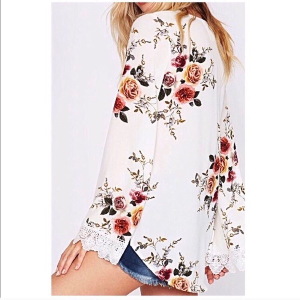 Womens White Boho Faux Wrap Floral Print Hi Low Fluted Sleeve Blouse Size Small - Picture 3 of 8